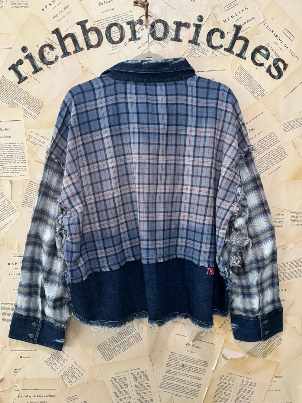 Free People The Tales Mixed Denim Flannel Button Down Plaid Frayed Blue - Picture 6 of 6